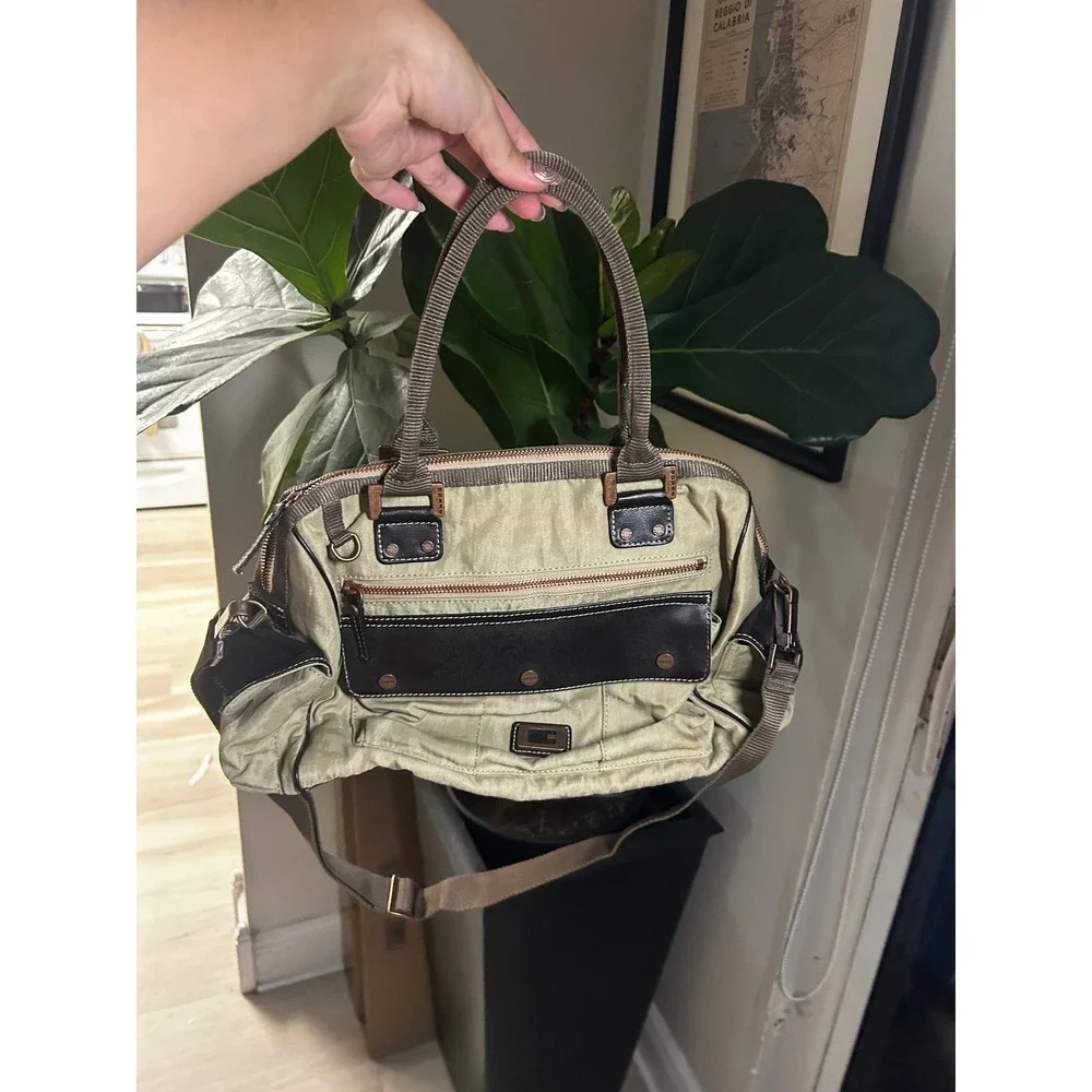 Rare Vintage Y2K Guess Canvas Handbag Beige/Tan Multi-Pocket Utility Cargo Purse